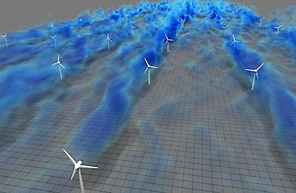 Detailed simulations, which require the use of advanced supercomputers such as those at SDSC, allow researchers to study the flow in wind-farms in great detail. This image shows a visualization of the flow in a very large wind-farm obtained from a high-resolution simulation. The blue regions indicate the low velocity wind-speed regions (wakes) formed behind the turbines. Visualization by David Bock (National Center for Supercomputing Applications) and XSEDE (Extreme Science and Engineering Discovery Environment) as part of XSEDE's Extended Collaborative Support Services.