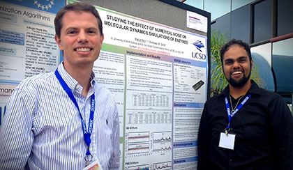 SDSC Researcher Andreas Goetz (l) with Rahul Nori, of the University of North Dakota, at a project poster session at the National Science Foundation’s eXtreme Science and Engineering Discovery Environment (XSEDE) 2013 annual conference.