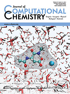 The journal cover shows a calcium ion coordinating to aspartate, a model for proteins in aqueous solution used by the authors to demonstrate features of the software. The multi-scale QM/MM equations governing the implementation are visible on the surface that extends to the horizon.