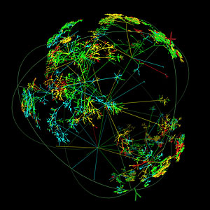 Visualization depicting a frozen moment of activity in the Internet universe