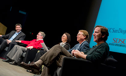 Faculty and industry leaders discussed the latest research, services, and education development in big data. (l to r) Michael Zeller, founder/CEO of San Diego-based Zementis; SDSC Director Michael Norman, SDSC’s PACE Director Natasha Balac, Larry Smarr, founding director CalIT2; and Stefan Savage, professor, Computer Science & Engineering, UC San Diego. Image: Erik Jepsen, UC San Diego Publications. 