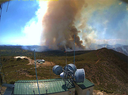 Image of the Chariot Fire on July 8, 2013, which scorched more than 7,000 acres near Mount Laguna, east of San Diego. Image courtesy of HPWREN/UC San Diego.