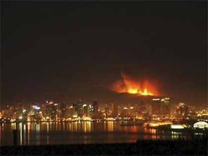 View of downtown San Diego during the 2007 Harris Fire shows how closely the fire came to destroying an entire U.S. city. UC San Diego’s HPWREN was used to monitor the fire from web stations and cameras, one of the only situational awareness tools at the time. Image: CAL FIRE Captain Bill Clayton.