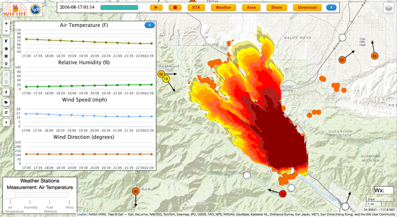 A screenshot of WIFIRE’s Firemap resource tracking the Blue Cut Fire on August 17, 2016. Ilkay Altintas/SDSC 