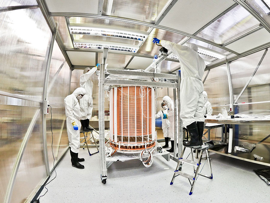 The heart of the project: The XENON1T Time Projection Chamber after assembly in a clean room. Courtesy of the XENON Collaboration