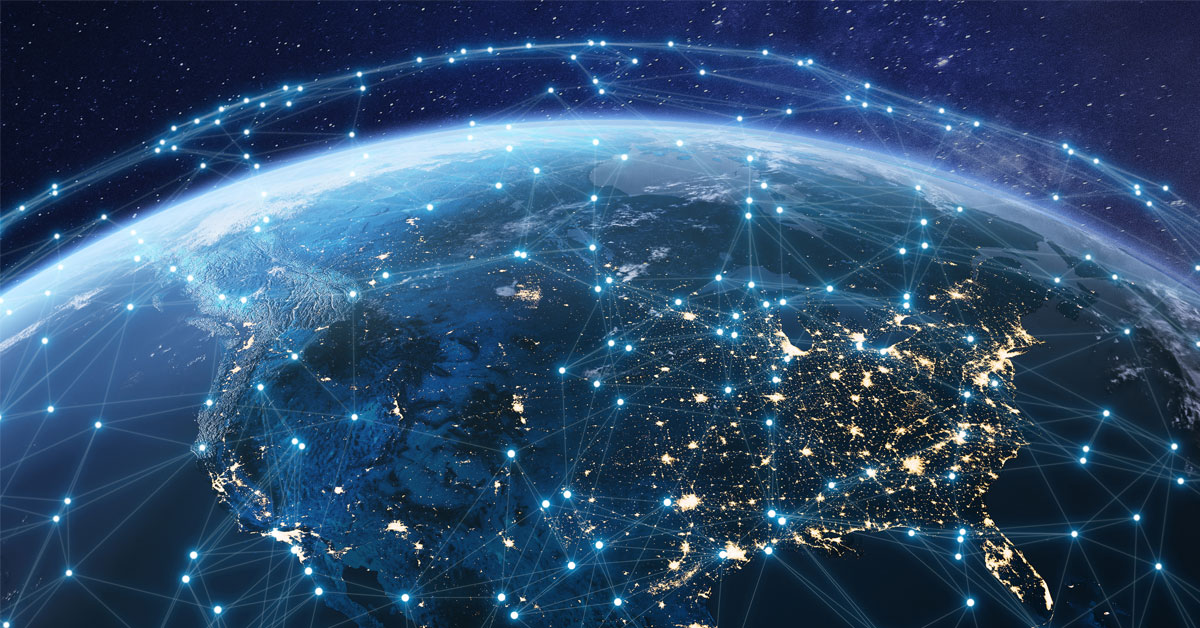 Image of North America from space with an overlay of interconnected network points and lines.