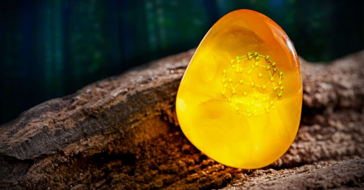 Image of a buckyball nanoparticle encased in amber.