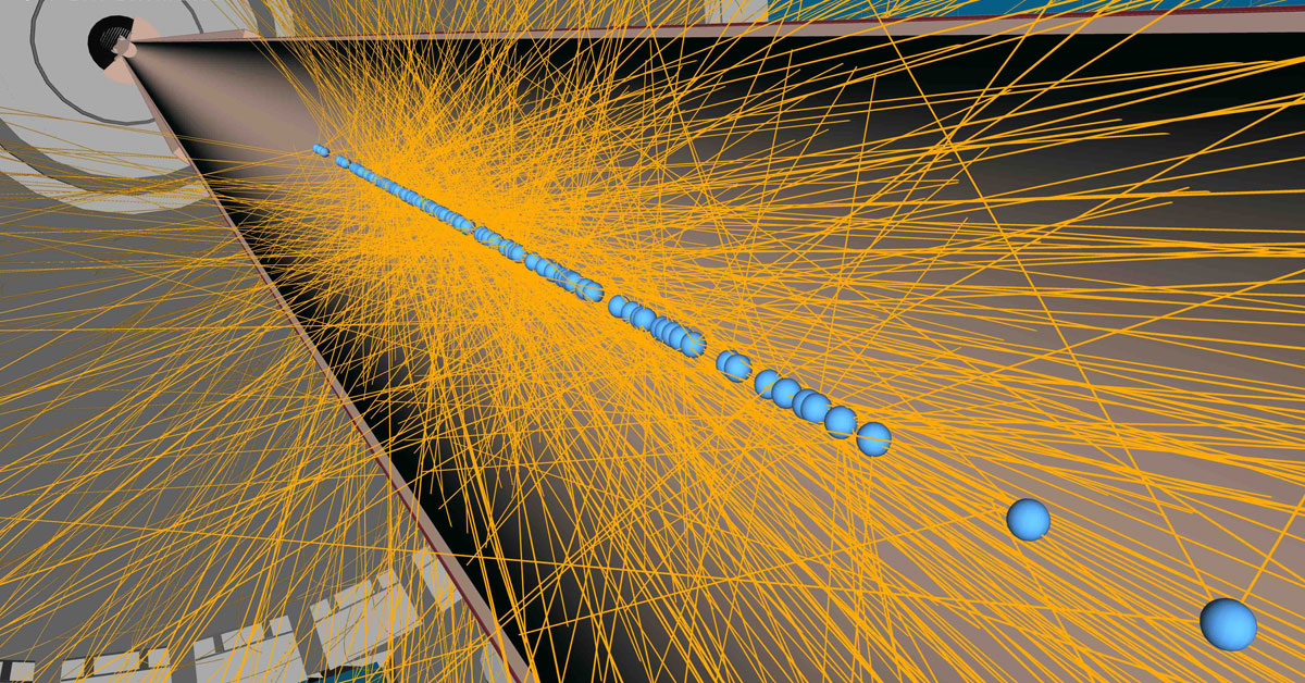 Visualization of a particle physics experiment carried out by the Atlas Experiment at CERN.