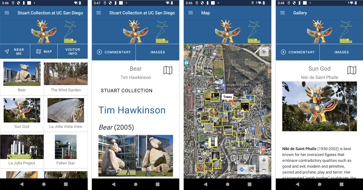 Screen captures showing thumbnails, maps and detailed information about Stuart Collection installations including "Bear" and "Sun God" 