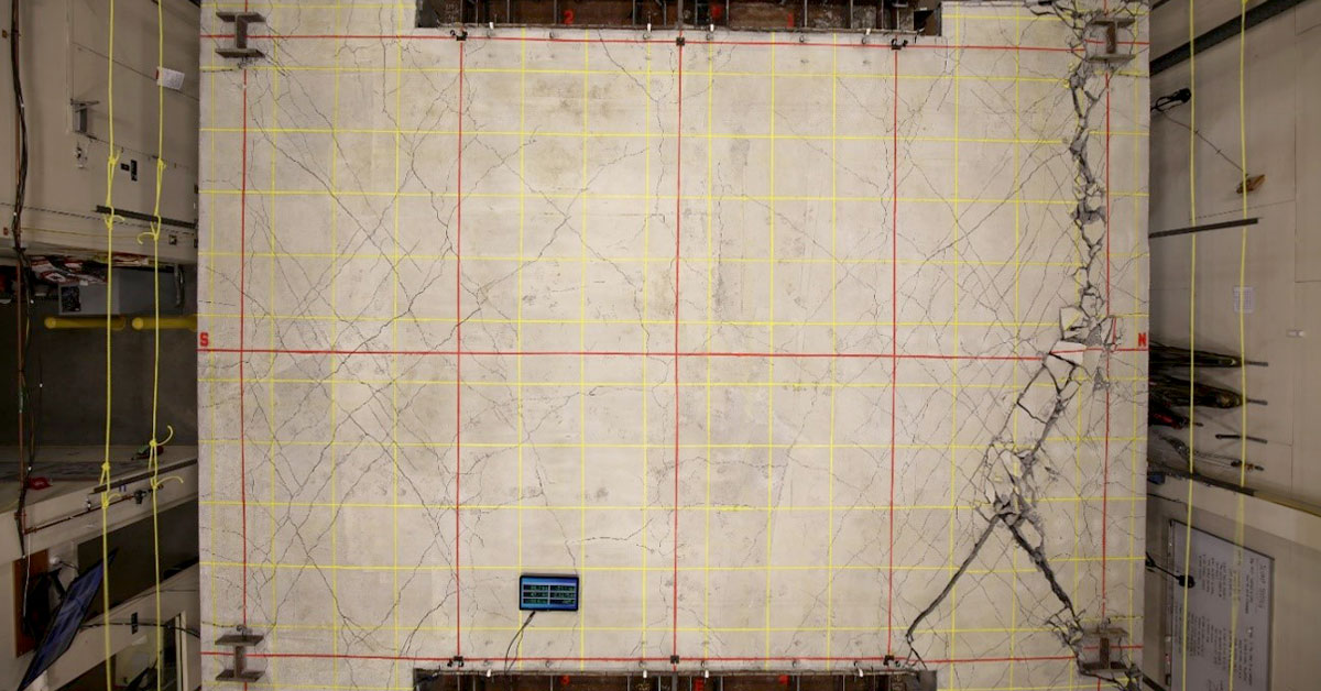 Overhead view of cracked concrete slab