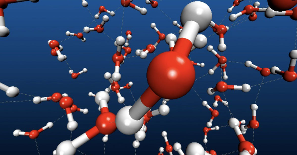 Snapshot of a molecular dynamics simulation of supercooled water.