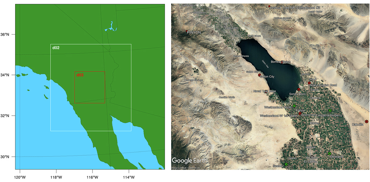 The left image shows the study region of interest (d03) over the Imperial Valley while the right image depicts the location of stations used for model validation on a Google Earth image with the Salton Sea at the center.  