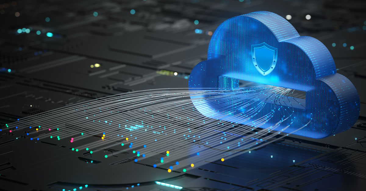 Illustration of data flowing through a 3D cloud.