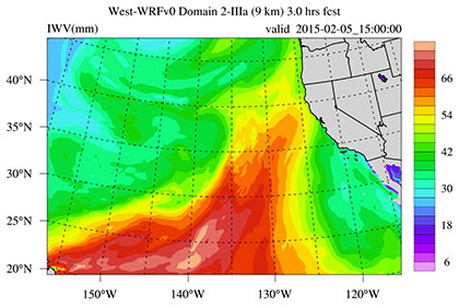 This video shows a 10-day forecast of the recent Atmospheric River (AR) event as it forms and impinges on the west coast of North America. The variable being forecast is IWV (Integrated Water Vapor); an estimate of the total amount of water in the atmosphere, and a well-established indicator of AR conditions when its value is large (&gt;2 cm) and the characteristics structure is present (i.e. long and narrow in the mid latitudes). Hot colors (red) indicate high values; cool colors (blue) indicate low values. Andrew Martin/SIO and John Helly/SDSC, SIO