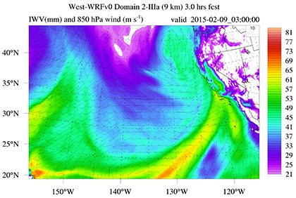 Image from a 15-hour forecast of IWV (Integrated Water Vapor); an estimate of the total amount of water in the atmosphere that could become precipitation. CalWater 2015 provides an opportunity to test new forecast methods by challenging them with observational data. Hot colors (red) indicate high values; cool colors (blue) indicate low values. The arrows are wind barbs indicating wind speed and direction. Andrew Martin/SIO and John Helly/SDSC, SIO