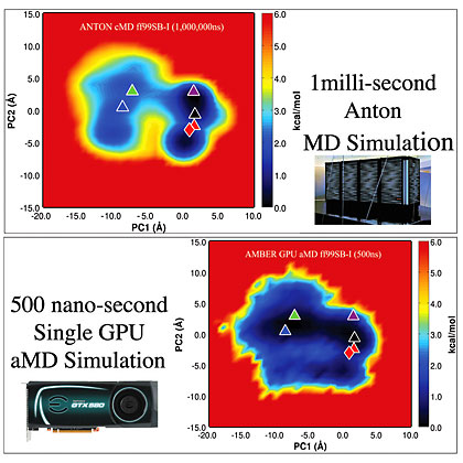 Images showing the conformational space explored by the protein in the 1ms conventional MD Anton simulation, and the 500ns aMD simulation. The red diamond marks the crystal structure where both simulations were started from; the triangles represent important structures found in the 1ms simulation. The lower image shows that with a single graphics card running 500ns of accelerated MD, the same structures can be sampled and the same relative conformational space can be explored. Principal Component Analysis (PCA) captures the slowest motions of the protein, which correspond to conformational changes on long timescales. Moving L to R along the x-axis captures the primary slow rocking motion of the protein; moving vertically on the y-axis captures the second slowest motion, or wagging movement. Courtesy of the Walker MD Lab, San Diego Supercomputer Center.