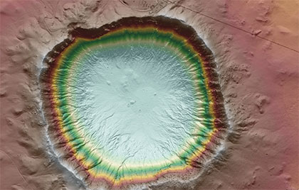 LiDAR-derived image of Meteor Crater, AZ. Color bands show range of elevations from 1541 meters at the bottom of the crater, to a maximum of 1835 meters on the crater rim. Image courtesy of Barrett Salisbury (ASU), with data collected for Marisa Palucis (UC Berkeley) by the NSF-funded National Center for Airborne Laser Mapping.