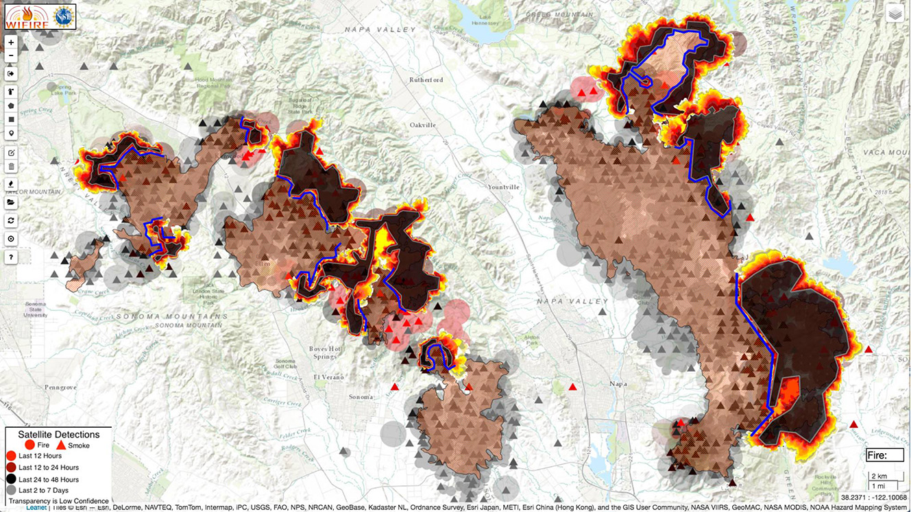 This image shows another run of simulations from this week’s wildfires in Sonoma and Napa, CA using the WIFIRE project’s Firemap tool. Source: John Graham, Qualcomm Institute/WIFIRE. 