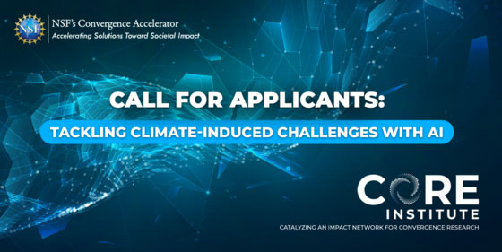 Swirling hexagons background with CORE Institute logo and a call for applications for the "Tackling climate-induced challenges with AI" program.