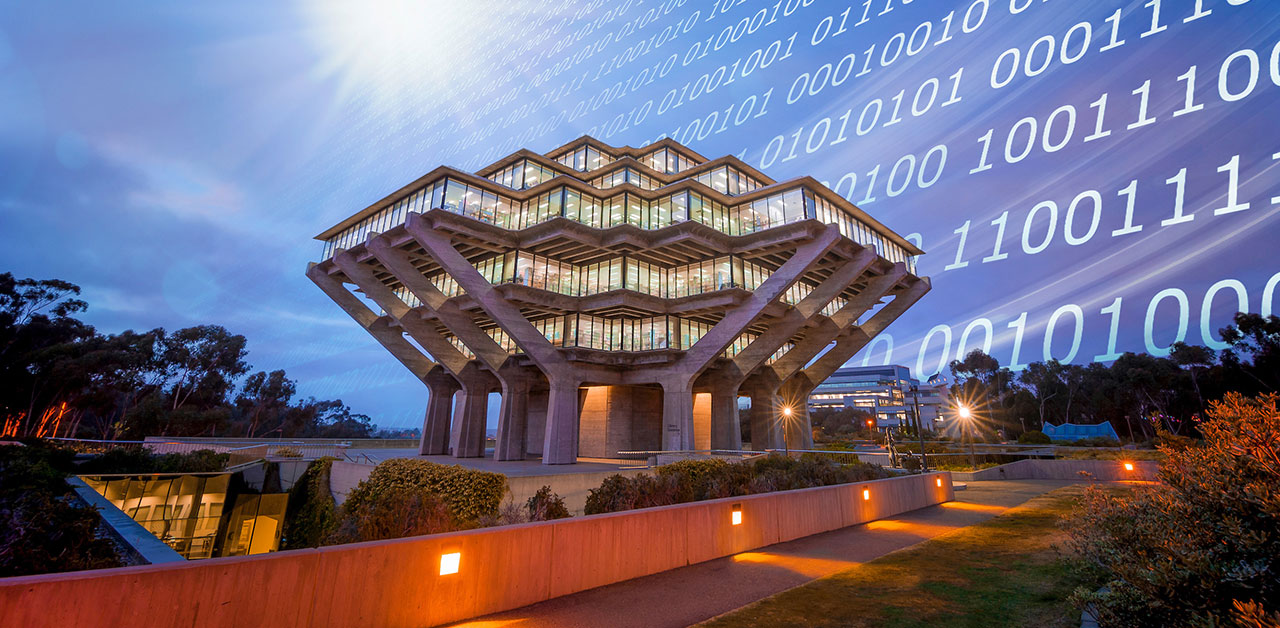 Geisel Library with binary code in background.